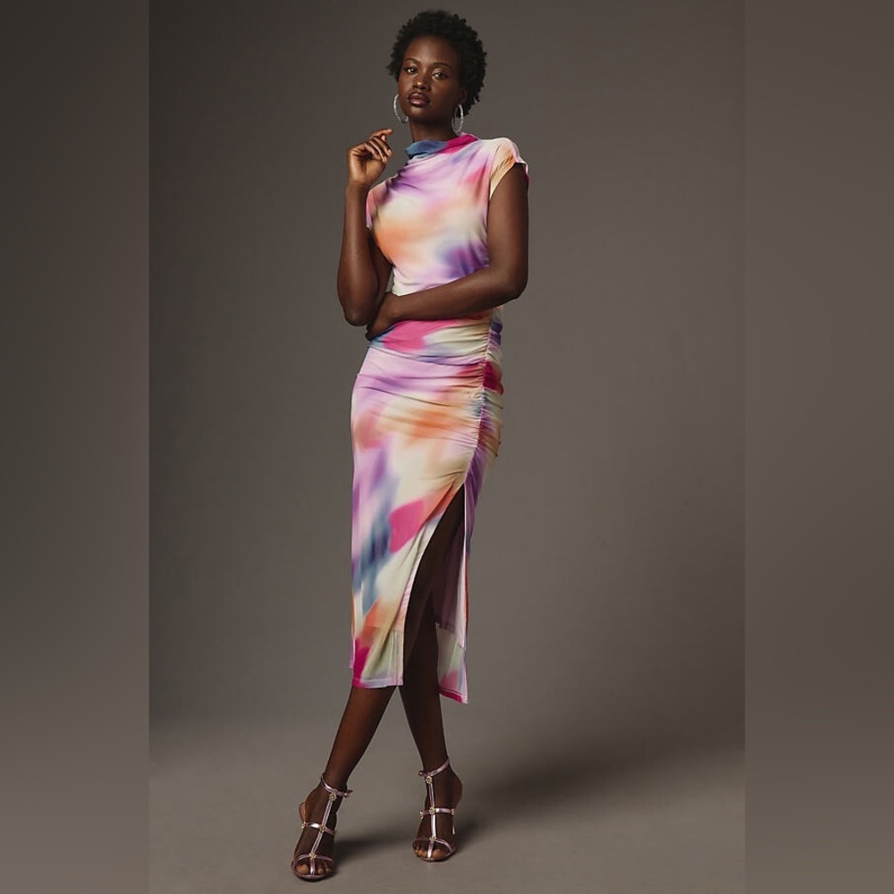 Anthropologie The Maya Ruched Cowl-Neck Multicolor Mesh Sheath Midi Dress Size L